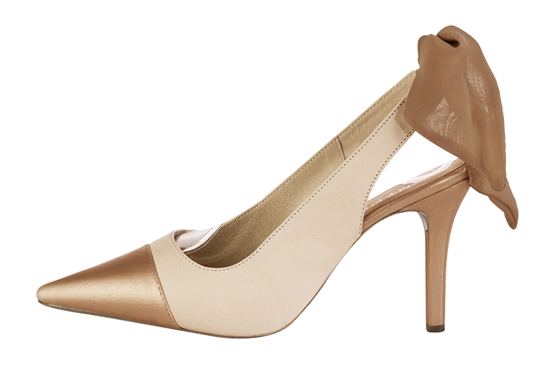 Caramel brown and champagne white women's slingback shoes. Pointed toe. High slim heel. Profile view - Florence KOOIJMAN